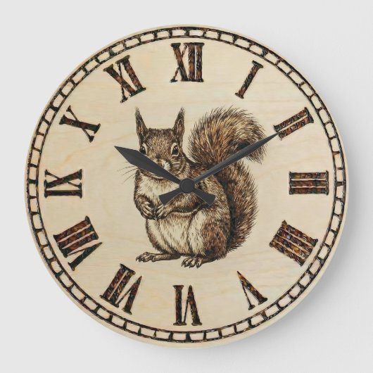 Squirrel Wall Clock _ Wood-Burned style  Große Wanduhr (Vorderseite)