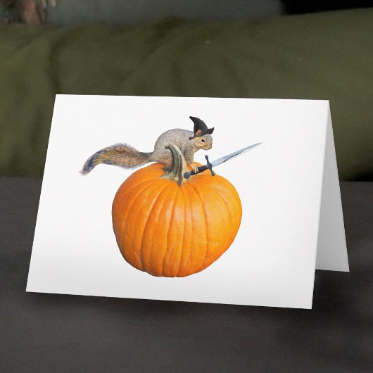 Squirrel with Sword on Halloween Pumpkin Card Karte