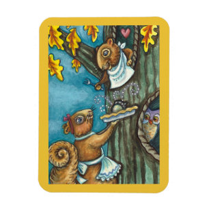 SQUIRRELS & OWL ERNTEDANK, HOMEMADE PIE MAGNET
