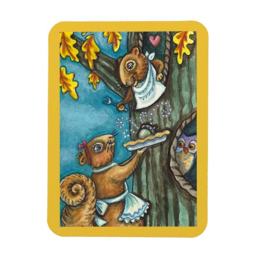 SQUIRRELS & OWL ERNTEDANK, HOMEMADE PIE MAGNET (Vertikal)