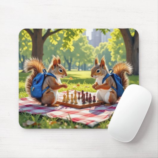 Squirrels Playing Chess In a City Park Mousepad (Mit Mouse)