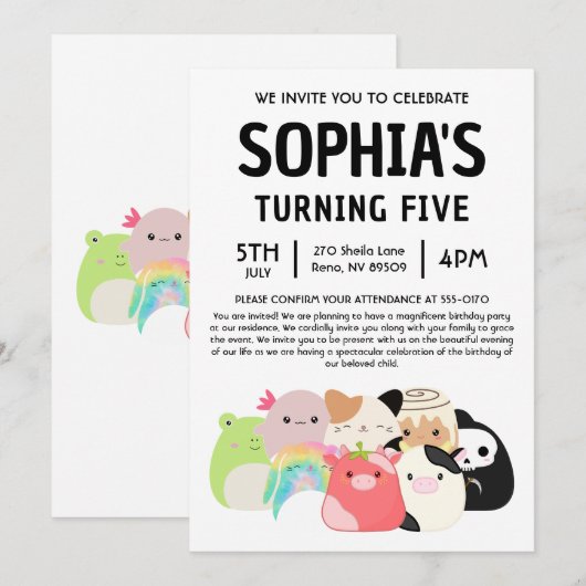 Squishmallow-Geburtstagsfeier Einladung (Vorne/Hinten)