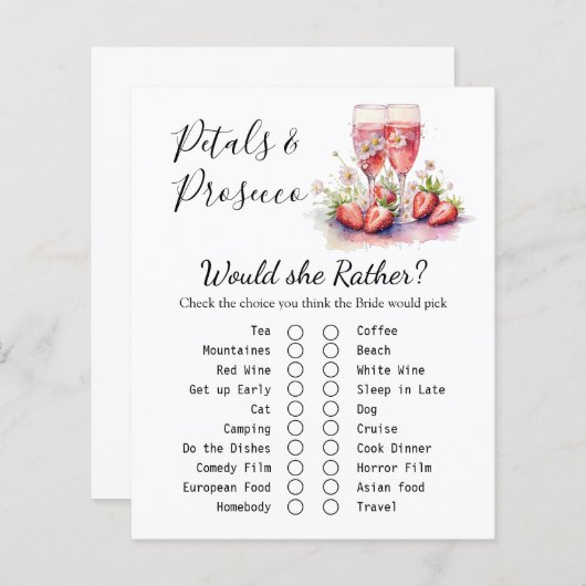 Srawberry Champagne Floral Brautparty Game Card (Vorne/Hinten)