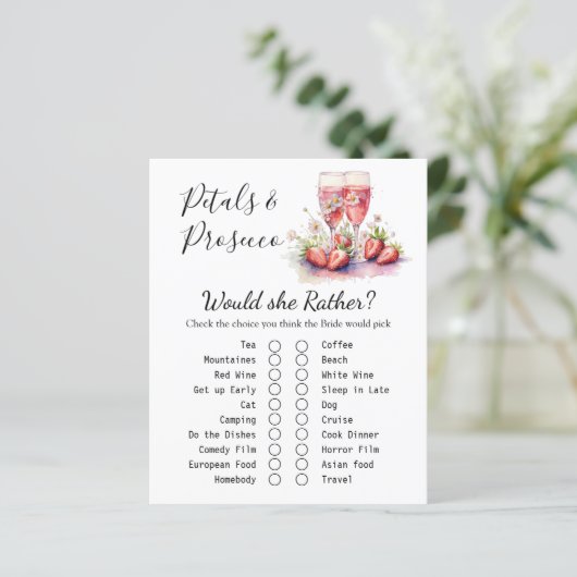 Srawberry Champagne Floral Brautparty Game Card (Stehend Vorderseite)