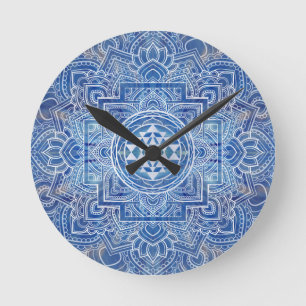 Sri Yantra / Sri Chakra Blue Watercolor Runde Wanduhr