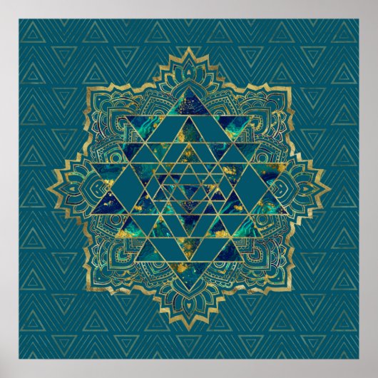 Sri Yantra / Sri Chakra Gold, Marmor und Aquamarin Poster (Vorne)