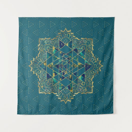 Sri Yantra/Sri Chakra Gold, Marmor- und aquamarin Wandteppich (Vorderseite (Horizontal))