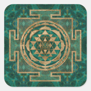 Sri Yantra/Sri Chakra Malachit und Gold Quadratischer Aufkleber