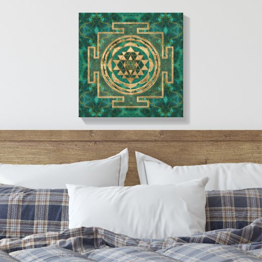 Sri Yantra / Sri Chakra Malachite und Gold Leinwanddruck (Insitu (Schlafzimmer))