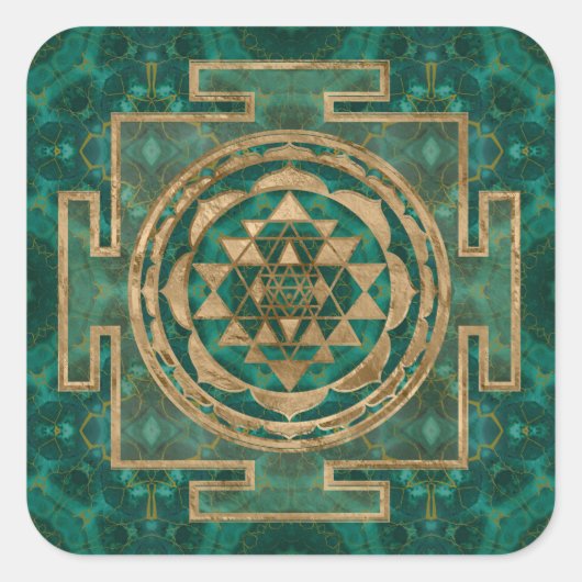 Sri Yantra / Sri Chakra Malachite und Gold Quadratischer Aufkleber (Vorderseite)