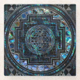 Sri Yantra/Sri Chakra Ohrschnecken-Muschel und Glasuntersetzer