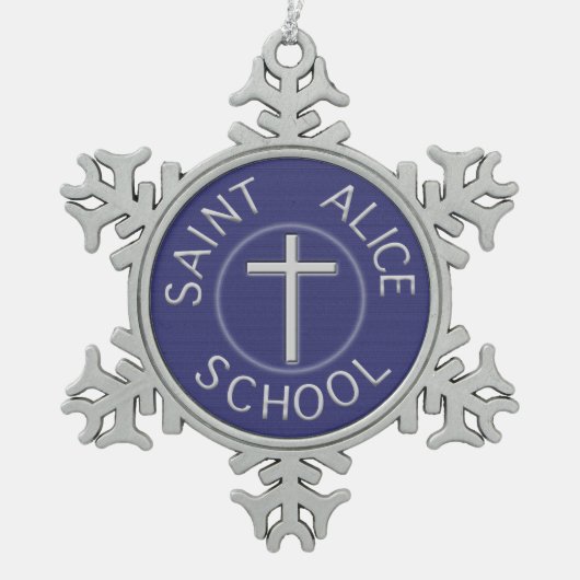 St. Alice Schule Traditionelles Blau und Weiß Schneeflocken Zinn-Ornament (Vorderseite)