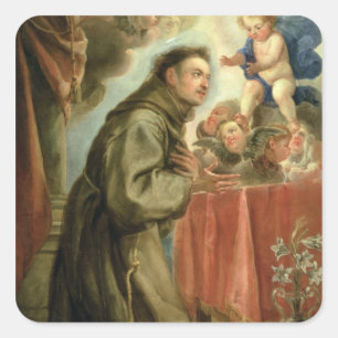 St Anthony von Padua das Christus-Kind verehrend Quadratischer Aufkleber