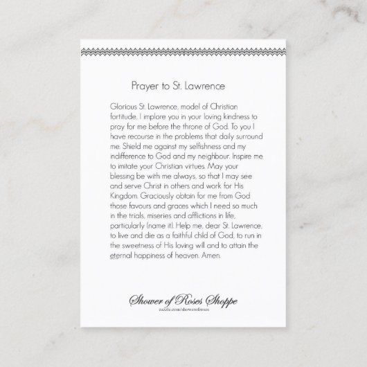 St. Anwalt von Rom, Schutzpatron des Kochgebet Visitenkarte (Rückseite)