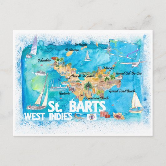 St Barts Antilles Illustrierte Karibikkarte Postkarte (Vorderseite)
