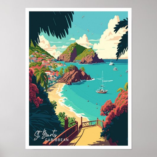 St Barts Caribbean Art Travel Vintage Illustration Poster (Vorne)