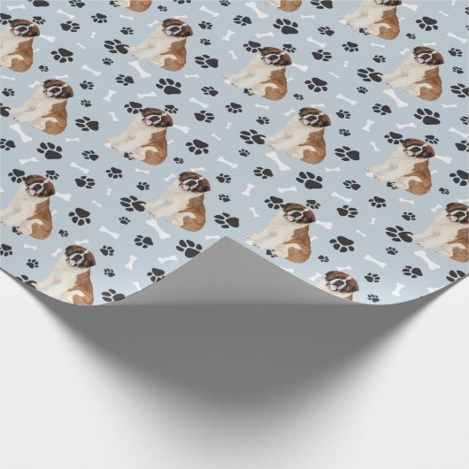 St Bernard Dog Paw Print Pattern auf Silver Blue Geschenkpapier (Ecke)