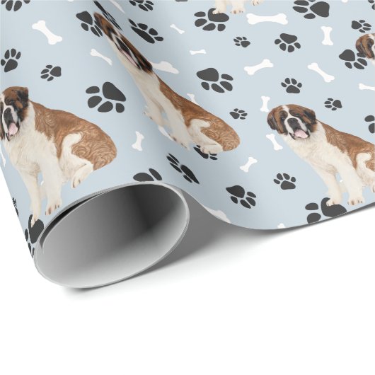 St Bernard Dog Paw Print Pattern auf Silver Blue Geschenkpapier (Rolleneckpunkt)