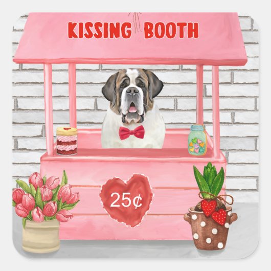 St. Bernard Dog Valentine's Day Kissing Booth Quadratischer Aufkleber (Vorderseite)