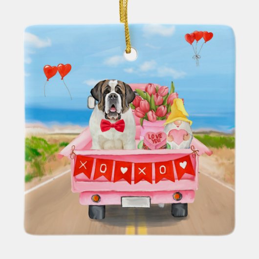 St. Bernard Dog Valentine's Day Lkw Herz Keramikornament (Vorderseite)