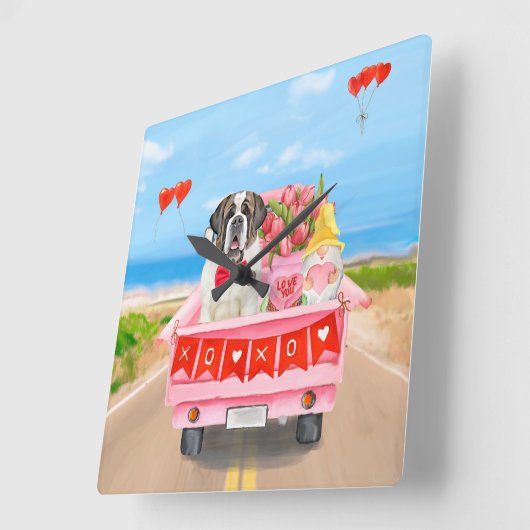 St. Bernard Dog Valentine's Day Lkw Herz Quadratische Wanduhr (Winkel)