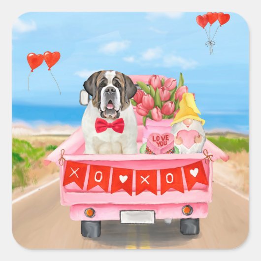 St. Bernard Dog Valentine's Day Lkw Herz Quadratischer Aufkleber (Vorderseite)