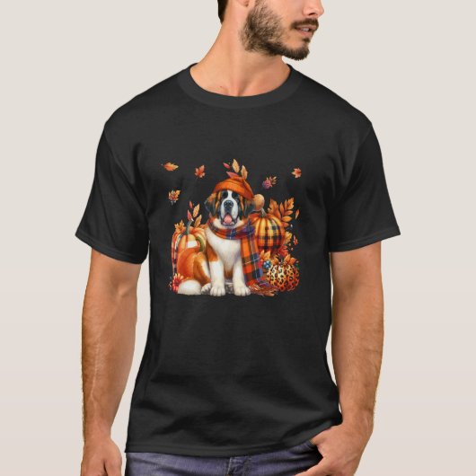 St Bernard Erntedank Leopard Pumpkins Fall Leav T-Shirt (Vorderseite)
