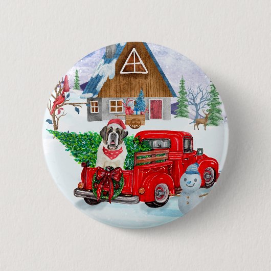 St. Bernard Hund in Weihnachten LKW Schnee Button (Vorderseite)