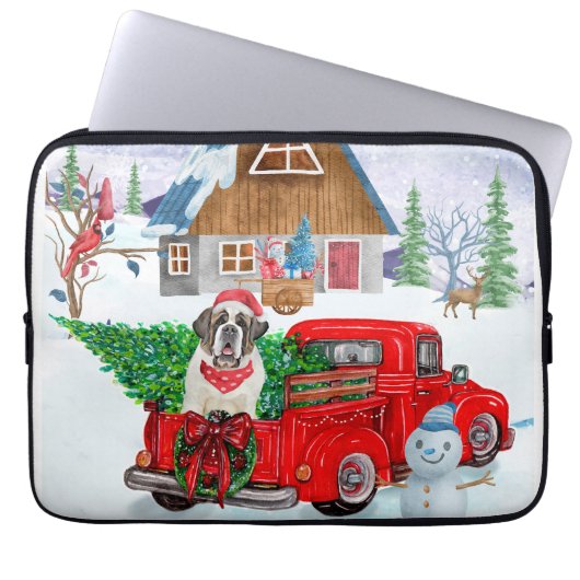 St. Bernard Hund in Weihnachten LKW Schnee Laptopschutzhülle (Vorderseite)
