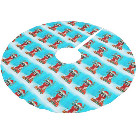 St. Bernard im Schnee mit Weihnachtsgeschenken Polyester Weihnachtsbaumdecke (Schrägansicht)