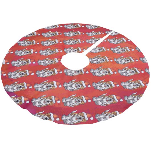 St. Bernard in Hat Pattern On Red Polyester Weihnachtsbaumdecke (Schrägansicht)