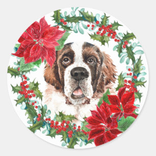 St Bernard Poinsettia Holly Christmas Wreath Runder Aufkleber