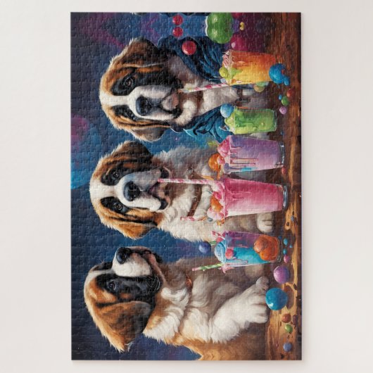 St. Bernard Puppies Party und Milchshakes Puzzle (Vertikal)