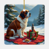 St. Bernard Winter Picnic Christmas Painting Keramikornament (Rückseite)