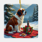 St. Bernard Winter Picnic Christmas Painting Keramikornament (Vorderseite)