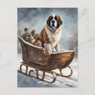 St Bernard Winter Sleigh Scene Postkarte