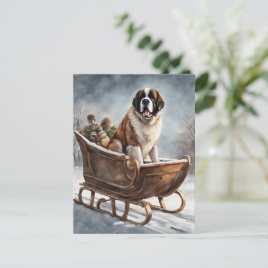 St Bernard Winter Sleigh Scene Postkarte (Stehend Vorderseite)