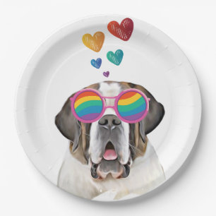 St. Bernhard Hund mit Herzen Valentinstag Pappteller