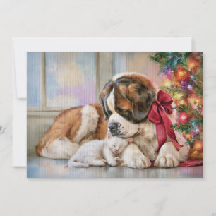 St. Bernhard Hund Weiße Katze Kamin Weihnachten
