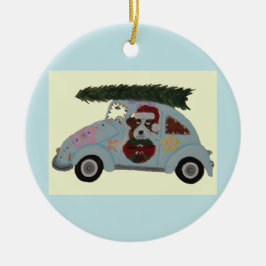 St. Bernhard in Hippie-Auto zu Weihnachten Keramik Ornament