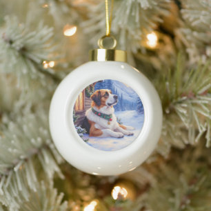 St. Bernhard Schneeberg Lodge Weihnachtshund Keramik Kugel-Ornament