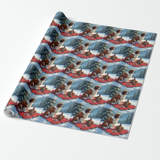 St. Bernhard Winter-Picknick-Weihnachtsbild Geschenkpapier (Ungerollt)
