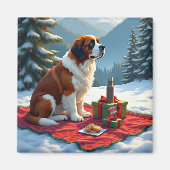 St. Bernhard Winter-Picknick-Weihnachtsbild Magnet (Vorne)