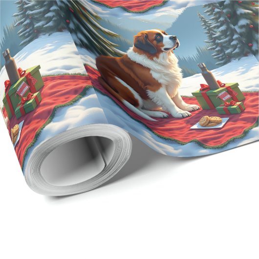 St. Bernhard Winter-Picknick Weihnachtsmalerei Geschenkpapier (Rolleneckpunkt)