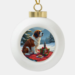 St. Bernhard Winter-Picknick-Weihnachtsmalerei Keramik Kugel-Ornament