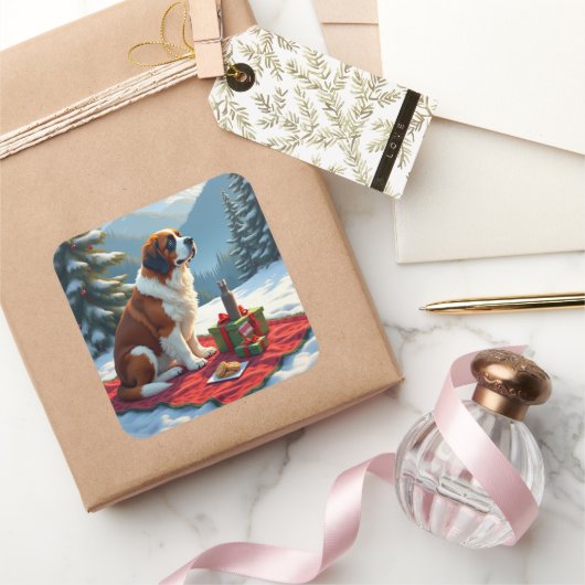 St. Bernhard Winter-Picknick Weihnachtsmalerei Quadratischer Aufkleber (Schenken)