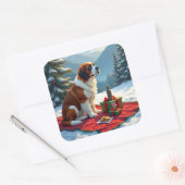 St. Bernhard Winter-Picknick Weihnachtsmalerei Quadratischer Aufkleber (Umschlag)