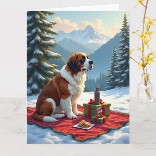 St. Bernhard Winterpicknick Weihnachtsmalerei Karte (Gelbe Blume)