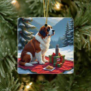 St. Bernhard Winterpicknick Weihnachtsmalerei Keramikornament
