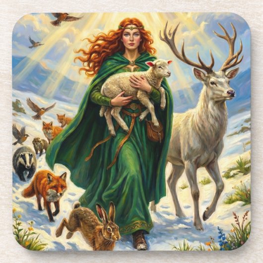 St. Brigid Frühlingsgöttin Waldtiere Imbolc Getränkeuntersetzer (Vorderseite)